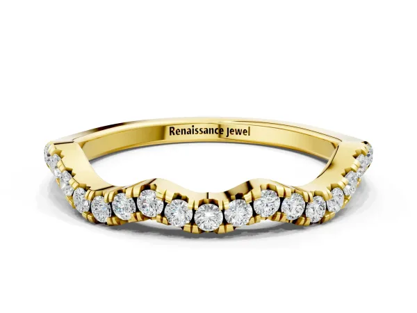 Round Diamond Scalloped Pavé Wedding Band with Shared Prong Setting Yellow gold