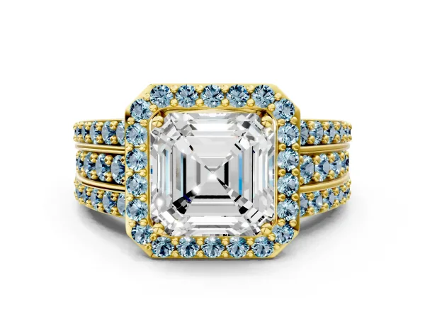 Asscher Cut Halo Diamond Ring with Round Aquamarine Split Shank and Prong Setting Yellow gold