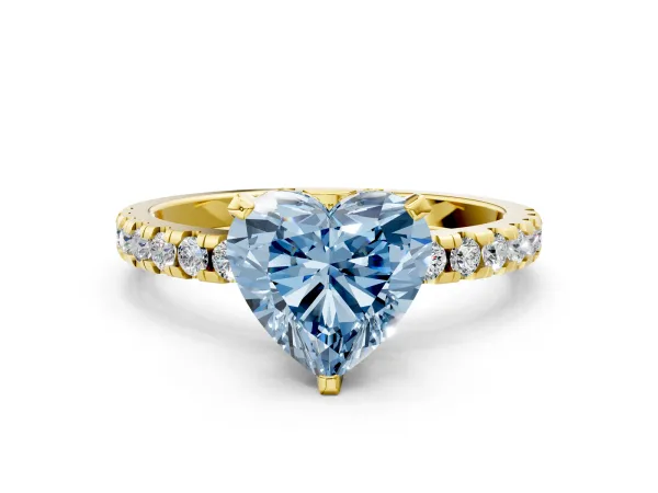 Fancy Blue Heart Cut Diamond Solitaire Ring with Round Pavé Band and Four-Prong Setting Yellow gold