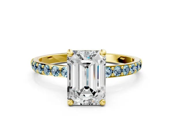 Emerald Cut Diamond Solitaire Ring with Round Aquamarine Pavé Band and Prong Setting Yellow gold