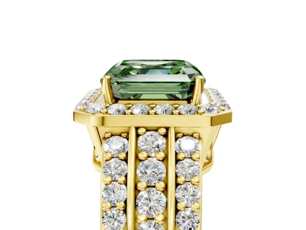 Fancy Green Asscher Cut Halo Diamond Ring with Round Split Shank and Prong Setting Yellow gold