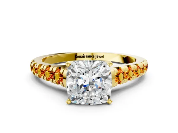 Cushion Cut Diamond Cathedral Solitaire Ring with Round Citrine Pavé Band Yellow gold