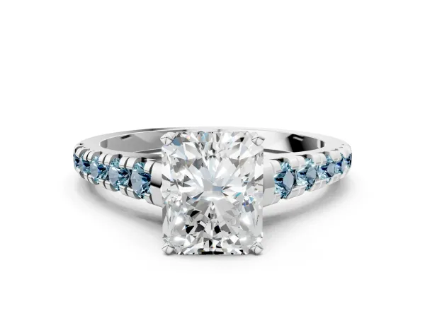 Radiant Cut Diamond Cathedral Solitaire Ring with Round Aquamarine Pavé Band Platinum