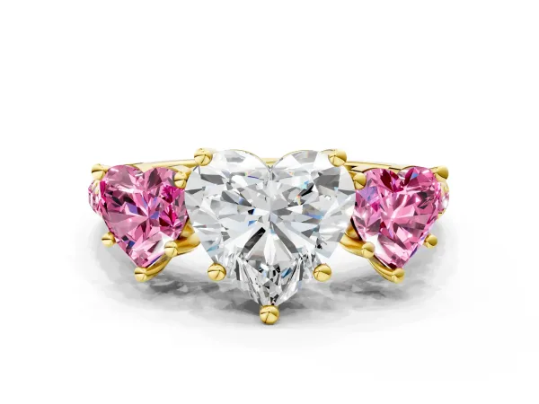 Three-Stone Heart Cut Diamond Ring with Round Pink Sapphire Pavé Band and Prong Setting Yellow gold