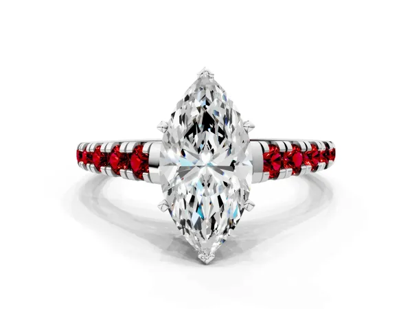 Marquise Cut Diamond Cathedral Solitaire Ring with Round Ruby Pavé Band Silver
