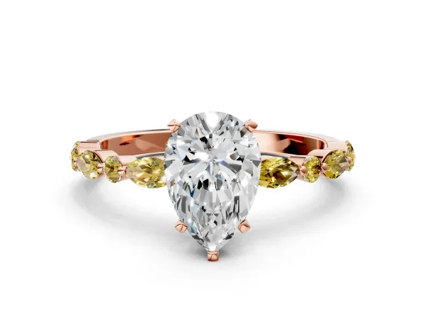 Pear Cut Diamond Ring with Marquise and Round Yellow Sapphire Side Stones and Four-Prong Setting Rose gold