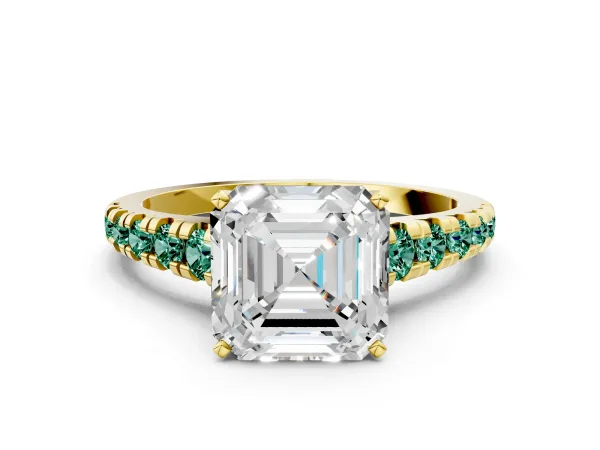 Asscher Cut Diamond Cathedral Solitaire Ring with Round Green Sapphire Pavé Band Yellow gold