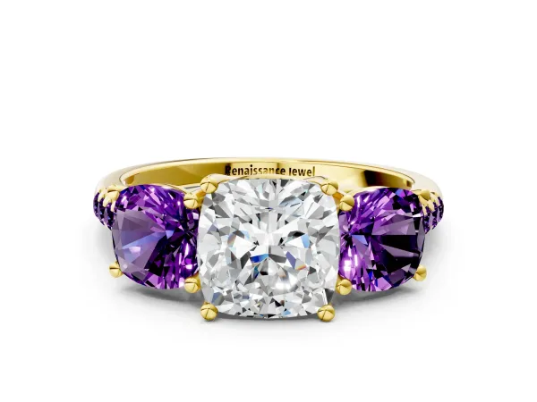 Three-Stone Cushion Cut Diamond Ring with Round Amethyst Pavé Band and Prong Setting Yellow gold