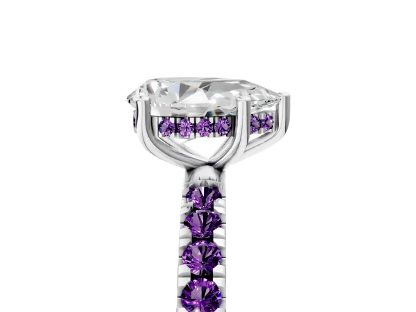 Pear Cut Diamond Pave Band Solitaire Ring with Round Amethyst and Prong Setting White gold