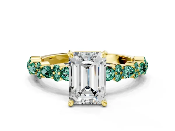 Emerald Cut Diamond Side Stone Solitaire Ring with Round Green Sapphire and Four-Prong Setting Yellow gold