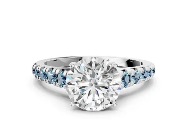 Round Cut Diamond Cathedral Solitaire Ring with Round Aquamarine Pavé Band White gold