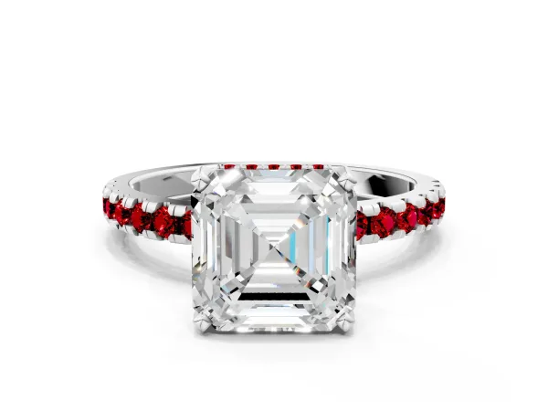 Asscher Cut Diamond Solitaire Ring with Round Ruby Pavé Band and Four-Prong Setting Platinum