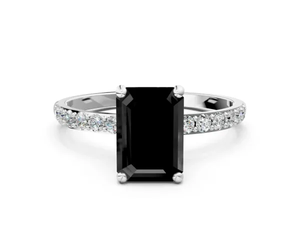 Fancy Black Emerald Cut Diamond Solitaire Ring with Round Pavé Band and Prong Setting Platinum