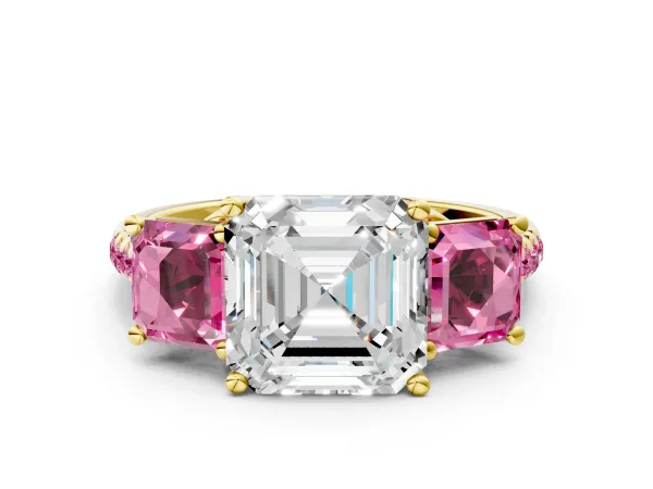 Three-Stone Asscher Cut Diamond Ring with Round Pink Sapphire Pavé Band and Prong Setting Yellow gold