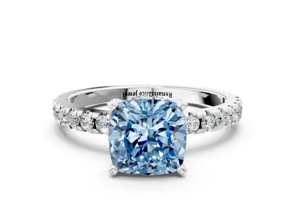 Fancy Blue Cushion Cut Diamond Solitaire Ring with Round Pavé Band and Four-Prong Setting White gold