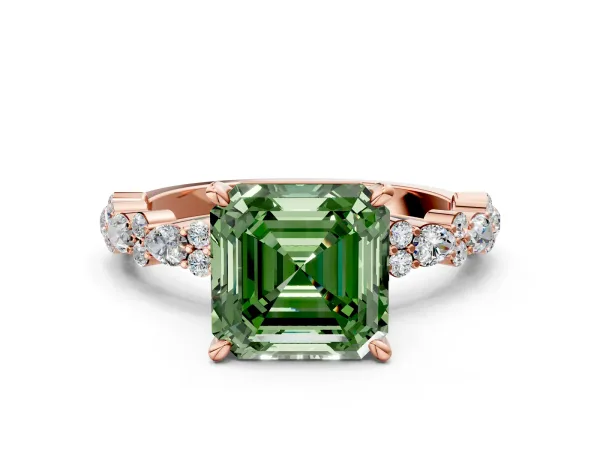 Fancy Green Asscher Cut Diamond Side Stone Solitaire Ring with Round and Four-Prong Setting Rose gold