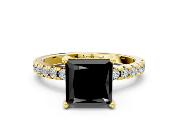 Fancy Black Princess Cut Diamond Solitaire Ring with Round Pavé Band and Four-Prong Setting Yellow gold