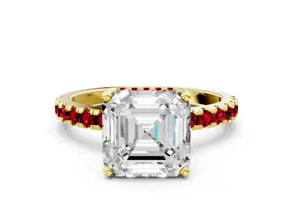 Asscher Cut Diamond Solitaire Ring with Round Ruby Pavé Band and Four-Prong Setting Yellow gold