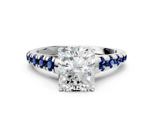 Radiant Cut Diamond Cathedral Solitaire Ring with Round Blue Sapphire Pavé Band Platinum