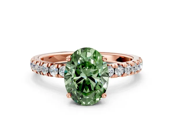 Fancy Green Oval Cut Diamond Pave Band Solitaire Ring with Round and Prong Setting Rose gold