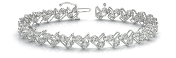Round Diamond Tennis Bracelet with Geometric Link Band and Four-Prong Setting White gold