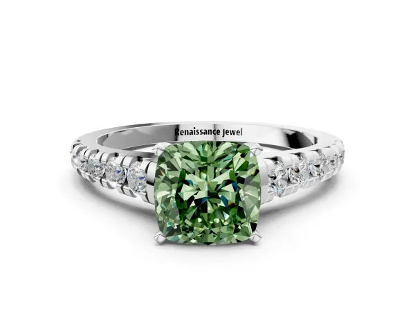 Fancy Green Cushion Cut Diamond Cathedral Solitaire Ring with Round Pavé Band Platinum