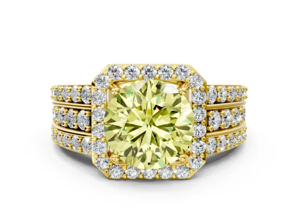 Fancy Yellow Round Cut Halo Diamond Ring with Round Split Shank and Prong Setting Yellow gold