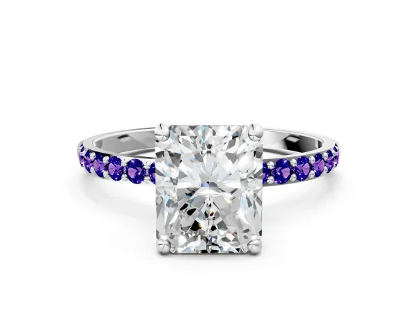 Radiant Cut Diamond Solitaire Ring with Round Tanzanite Pavé Band and Prong Setting Silver