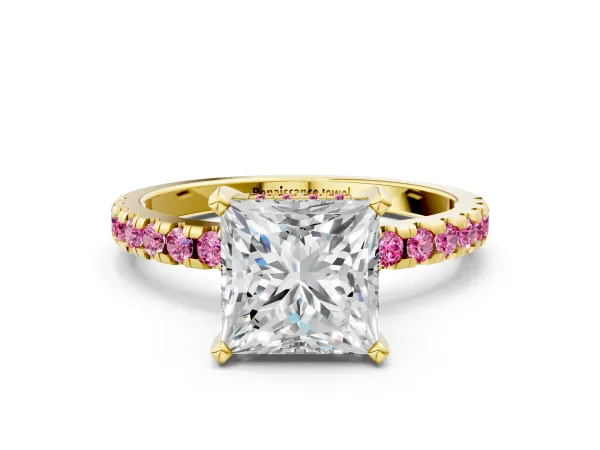 Princess Cut Diamond Solitaire Ring with Round Pink Sapphire Pavé Band and Four-Prong Setting Yellow gold