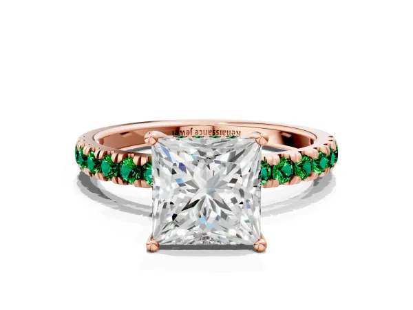 Princess Cut Diamond Pave Band Solitaire Ring with Round Emerald and Prong Setting Rose gold