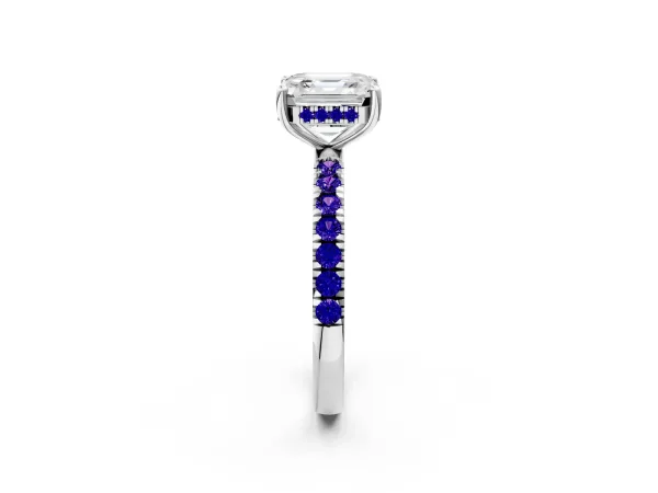 Asscher Cut Diamond Pave Band Solitaire Ring with Round Tanzanite and Prong Setting Platinum