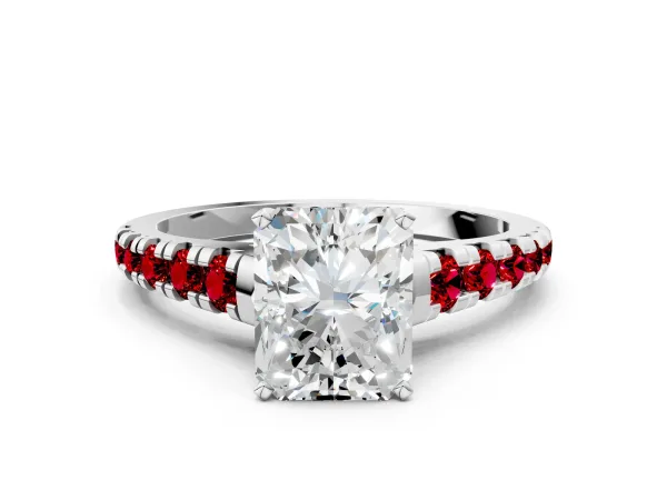 Radiant Cut Diamond Cathedral Solitaire Ring with Round Ruby Pavé Band Platinum
