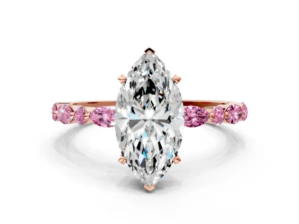 Marquise Cut Diamond Ring with Marquise and Round Pink Sapphire Side Stones and Four-Prong Setting Rose gold