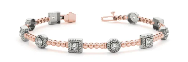 Round and Square Bezel Set Diamond Tennis Bracelet with Beaded Band Rose gold