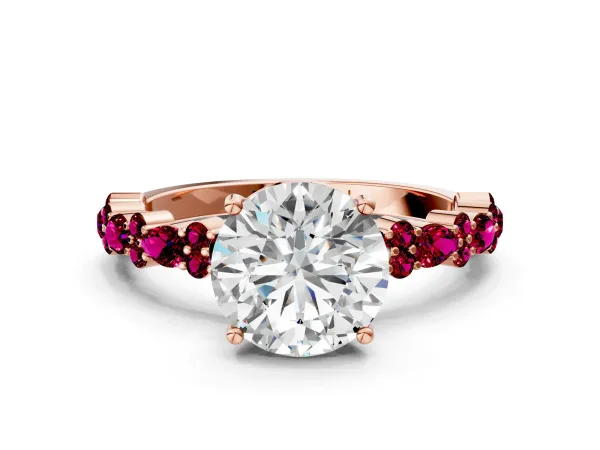Round Cut Diamond Side Stone Solitaire Ring with Round Garnet and Four-Prong Setting Rose gold