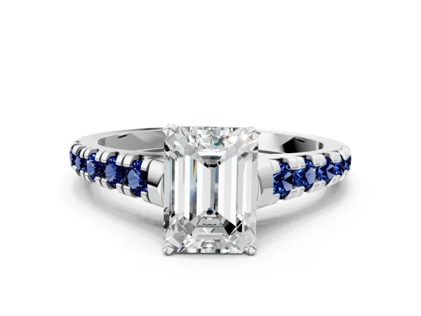 Emerald Cut Diamond Cathedral Solitaire Ring with Round Blue Sapphire Pavé Band White gold
