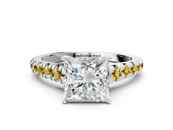 Princess Cut Diamond Cathedral Solitaire Ring with Round Yellow Sapphire Pavé Band Platinum
