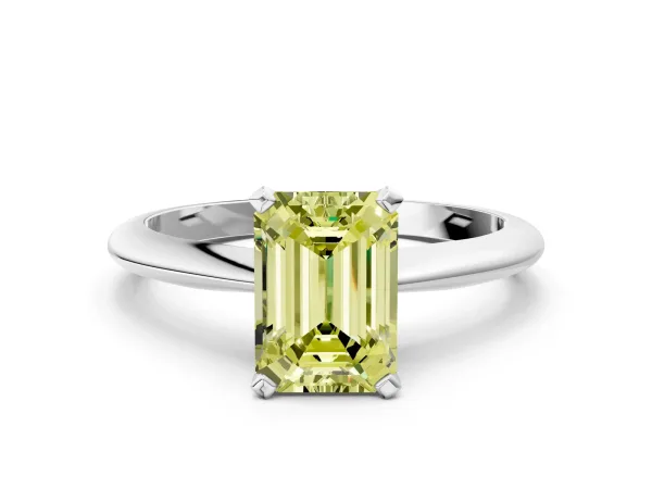 Fancy Yellow Emerald Cut Diamond Solitaire Engagement Ring with Classic Band and Four-Prong Setting White gold