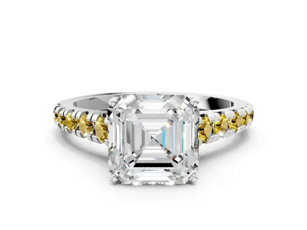 Asscher Cut Diamond Cathedral Solitaire Ring with Round Yellow Sapphire Pavé Band Platinum