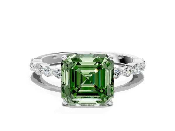 Fancy Green Asscher Cut Diamond Ring with Marquise and Round Side Stones and Four-Prong Setting White gold