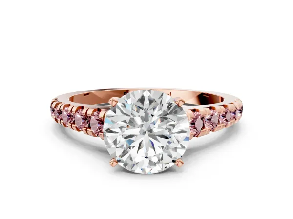 Round Cut Diamond Cathedral Solitaire Ring with Round Morganite Pavé Band Rose gold