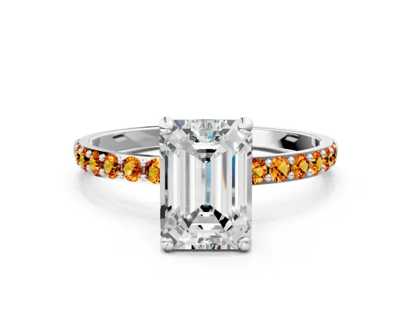 Emerald Cut Diamond Solitaire Ring with Round Citrine Pavé Band and Prong Setting Platinum