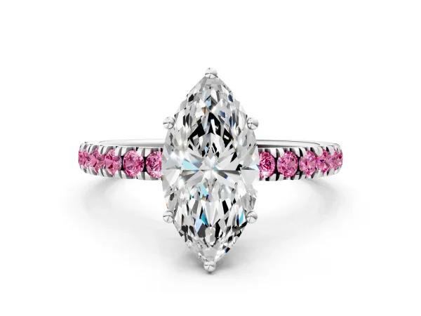 Marquise Cut Diamond Pave Band Solitaire Ring with Round Pink Sapphire and Prong Setting Platinum