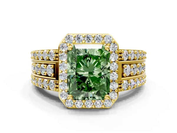 Fancy Green Radiant Cut Halo Diamond Ring with Round Split Shank and Prong Setting Yellow gold