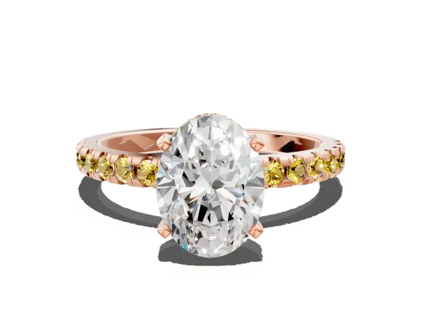 Oval Cut Diamond Solitaire Ring with Round Yellow Sapphire Pavé Band and Four-Prong Setting Rose gold