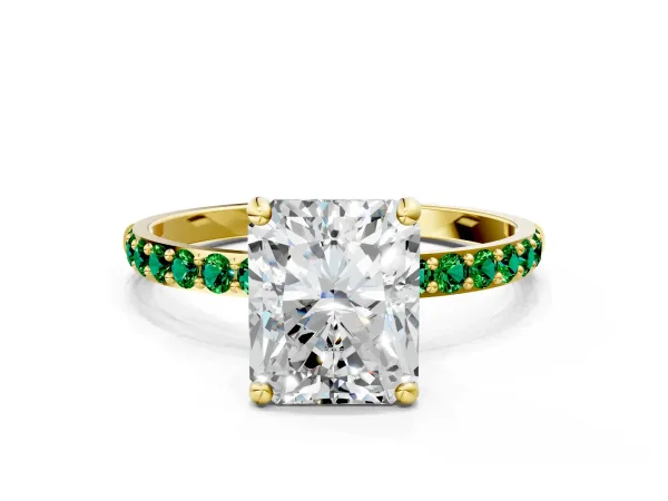 Radiant Cut Diamond Solitaire Ring with Round Emerald Pavé Band and Prong Setting Yellow gold