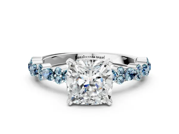 Cushion Cut Diamond Side Stone Solitaire Ring with Round Aquamarine and Four-Prong Setting Platinum