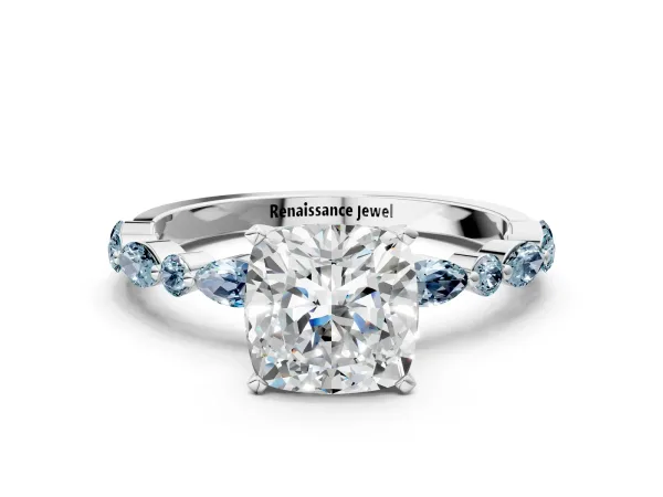 Cushion Cut Diamond Ring with Marquise and Round Aquamarine Side Stones and Four-Prong Setting Platinum