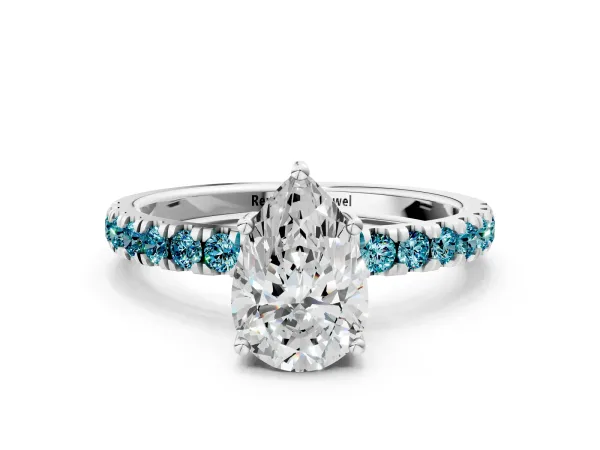 Pear Cut Diamond Pave Band Solitaire Ring with Round Blue Topaz and Prong Setting Platinum