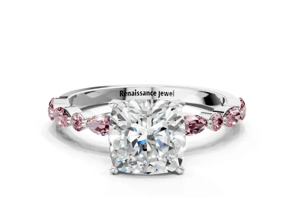 Cushion Cut Diamond Ring with Marquise and Round Morganite Side Stones and Four-Prong Setting Platinum